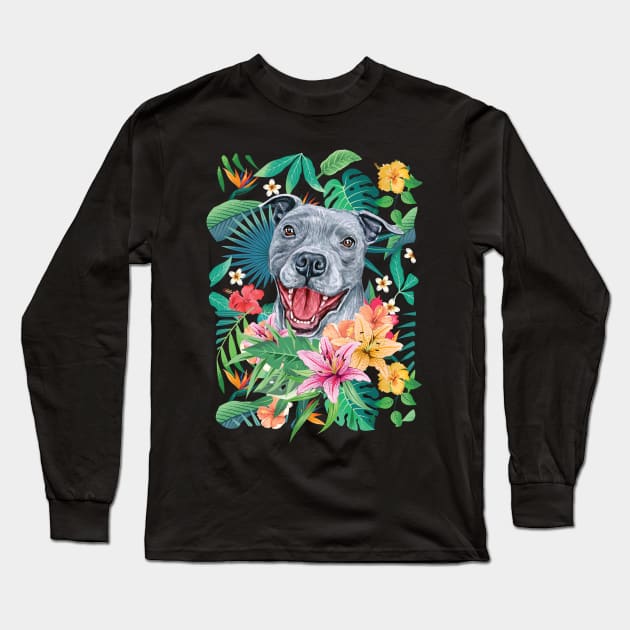 Tropical Blue Pit Bull Pitbull Long Sleeve T-Shirt by LulululuPainting